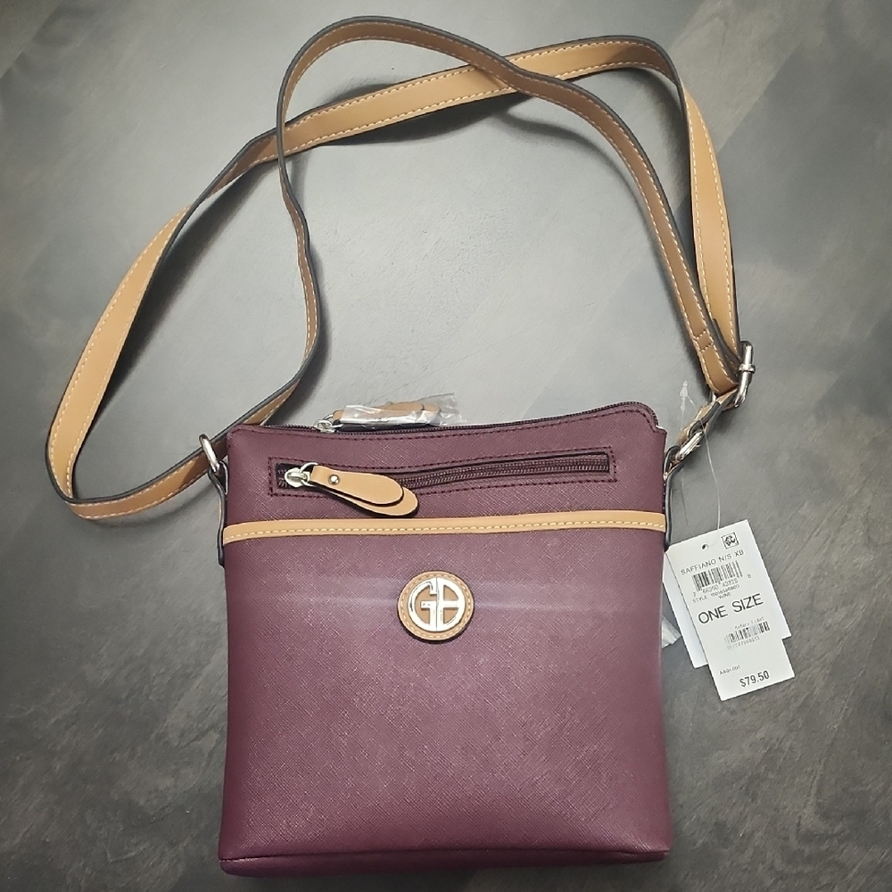 Chic Purple and Tan Leather Crossbody Bag
